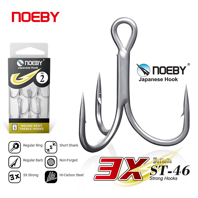 Fishing Hook Barbless - ノエビー高炭素鋼釣り針、丸型ベント、トリプルフック、釣り道具、1 # , 2 # ,