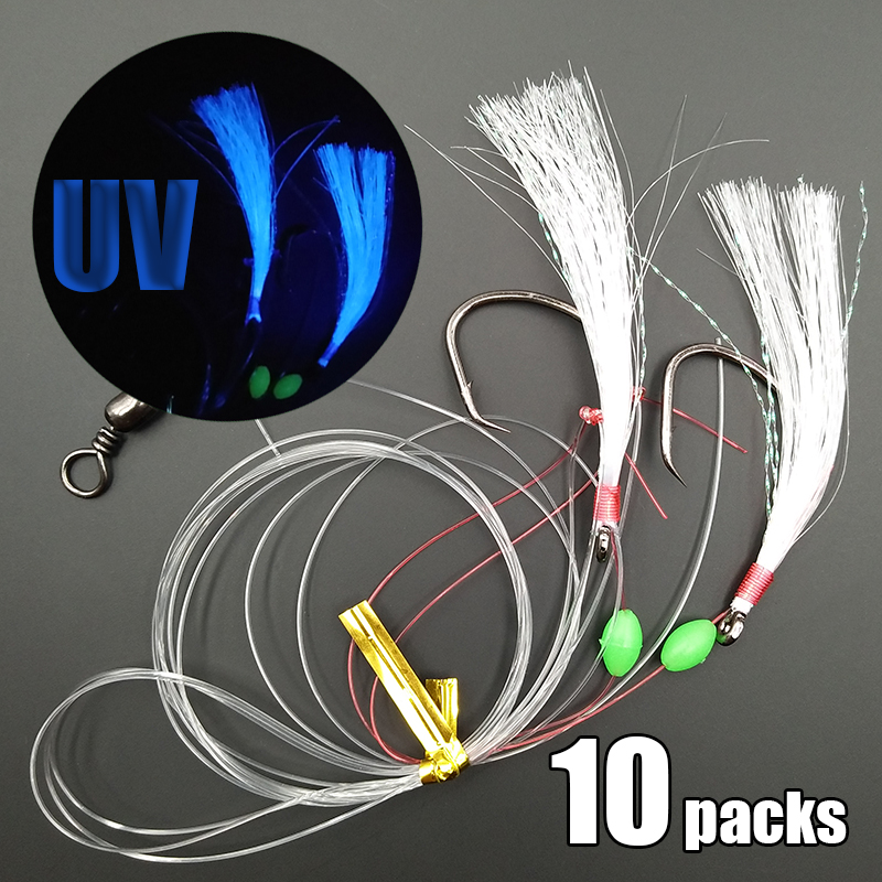Fishing Hook Circle - ランカーサビキ仕掛け10パック 169cm 60ポンド ダブルサークルフック UVフラッシュ糸 光るビーズ