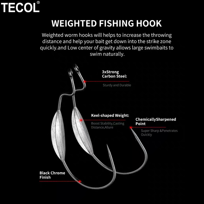 TECOL 3個入り 6/0 8/0 10/0 ウェイト付き - Fishing Hook Weedless のレビューと価格